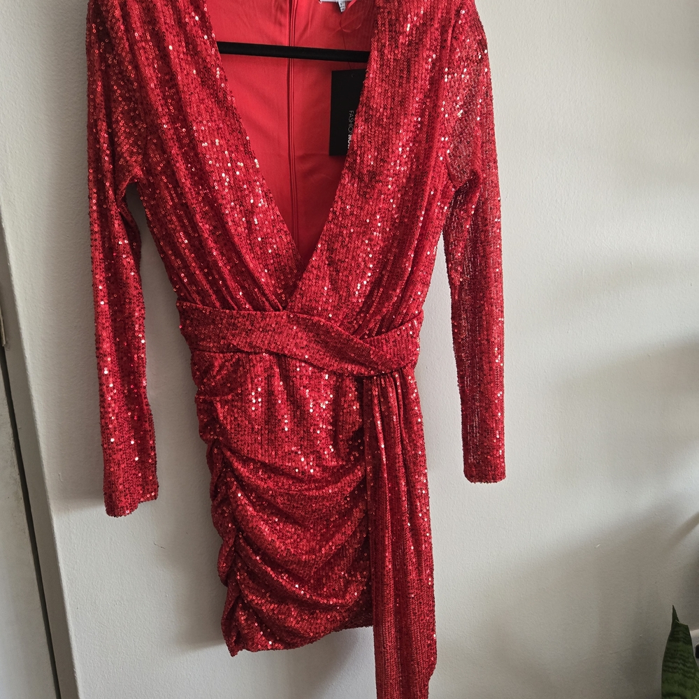 Fashion Nova Sparkling Red Long Sleeve Dress